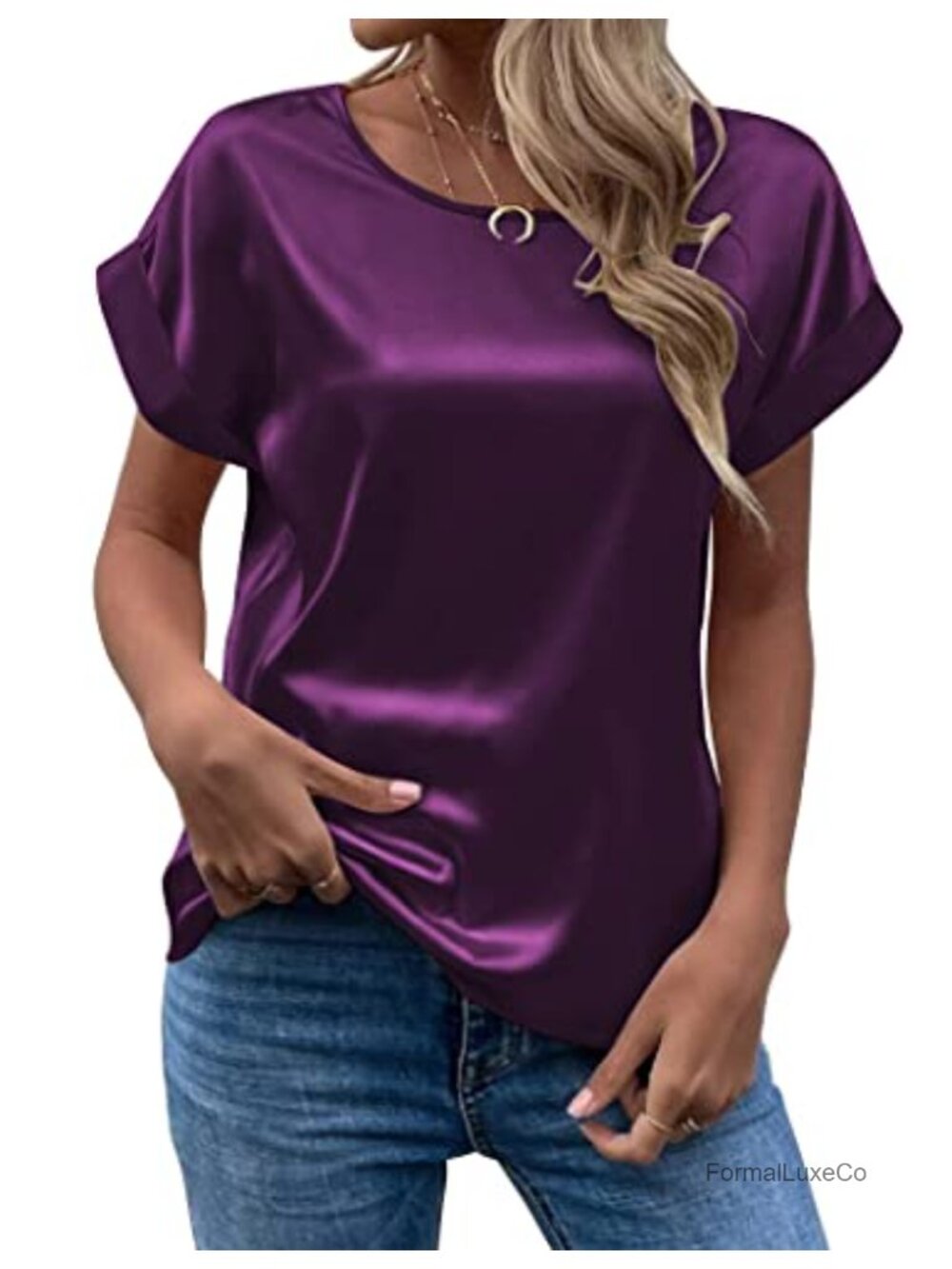 Women's Short Sleeve Satin Blouse Roll Up Sleeve Tunic Top Crewneck